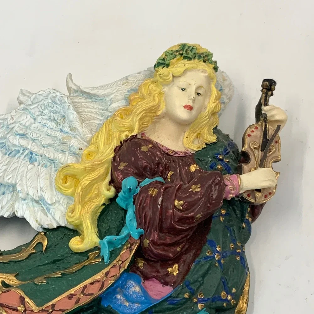 Vintage Angel Wall Plaque Playing Violin‎ Resin Sculpture Green Gold 12 Inch